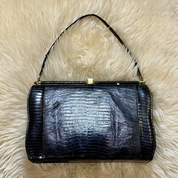 Vintage Handbags - Vintage 50s 60s Black Lizard Top-handle Structured Purse Luxury Handbag MCM Glam